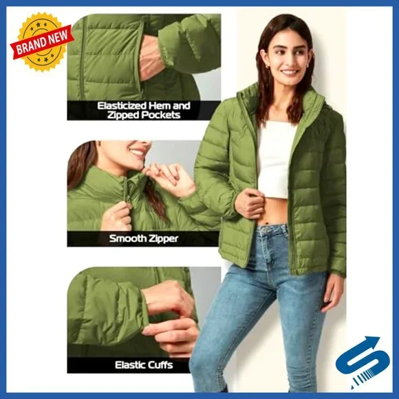 Lightweight Quilted Down Puffer Coat with Detachable Hood, Waterproof